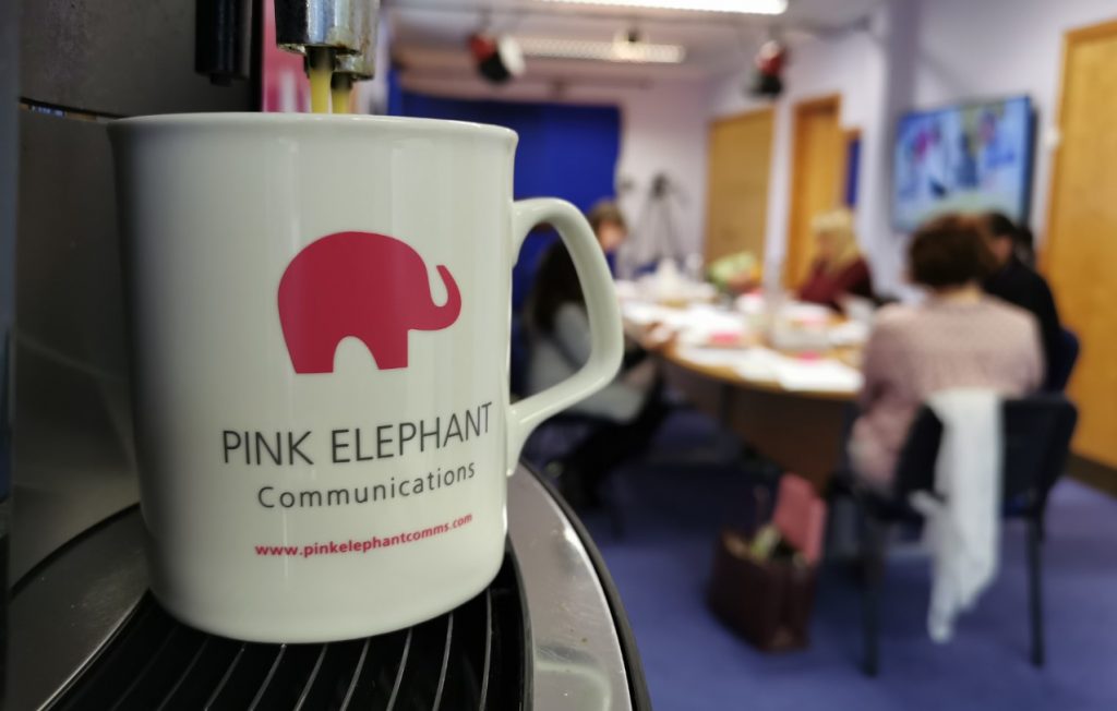 Advanced presentation skills course scotland, pink elephant mug, training session