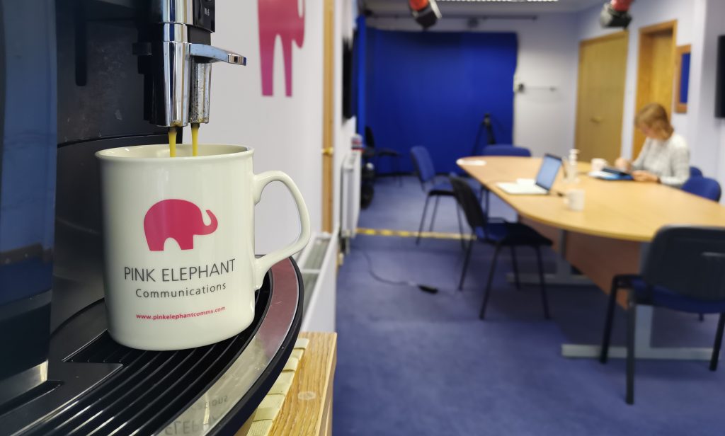 presenter training glasgow, pink elephant mug in the studio