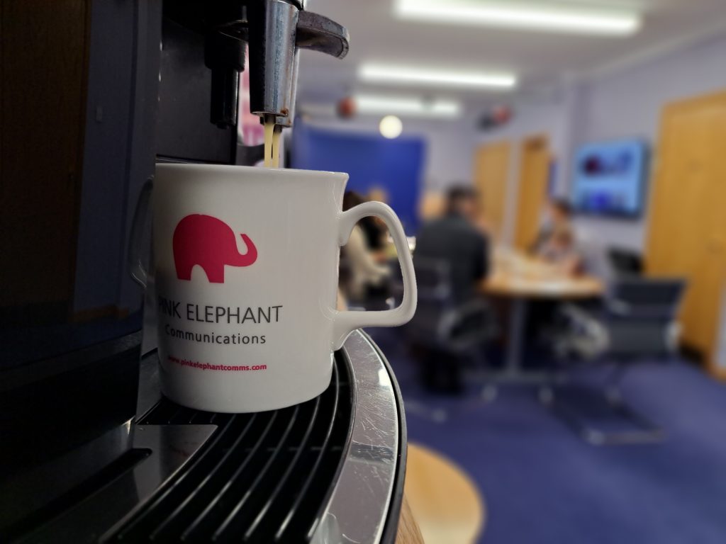 public speaking training uk, pink elephant mug in the lochinch house studio